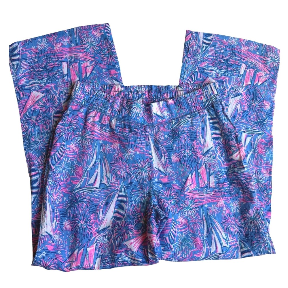 Lilly Pulitzer Sailboat Print Linen Pants Blue Pink XS Nautical Vacation